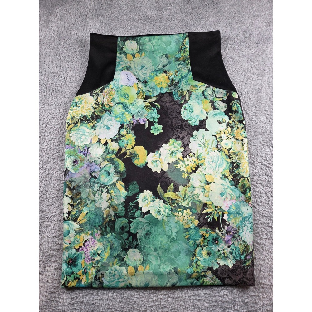 ECI New York Pencil Skirt Size‎ M Green Floral Black Panel Womens Knee Length